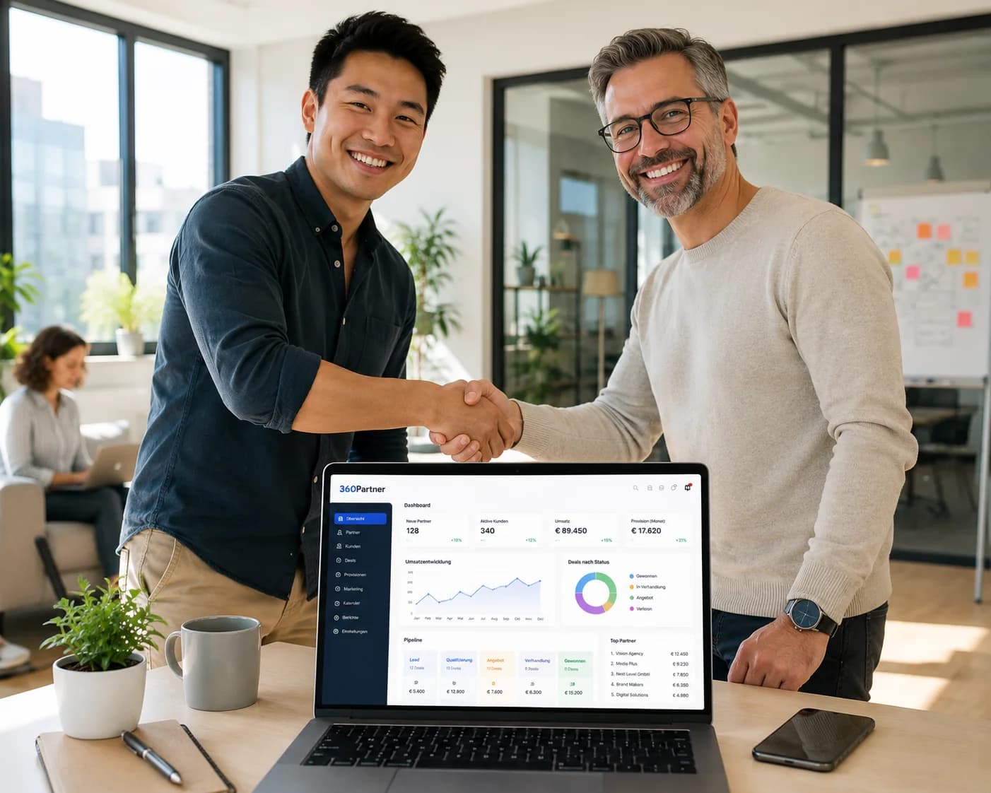 360Partner begrüßen sich vor dem gemeinsamen Dashboard